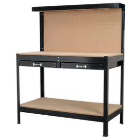 The Sealey Workstation 1.2m with Drawers - AP12600 is a sturdy black metal workbench that features a pegboard rear panel, two drawers with ball-bearing slides, and a lower shelf.
