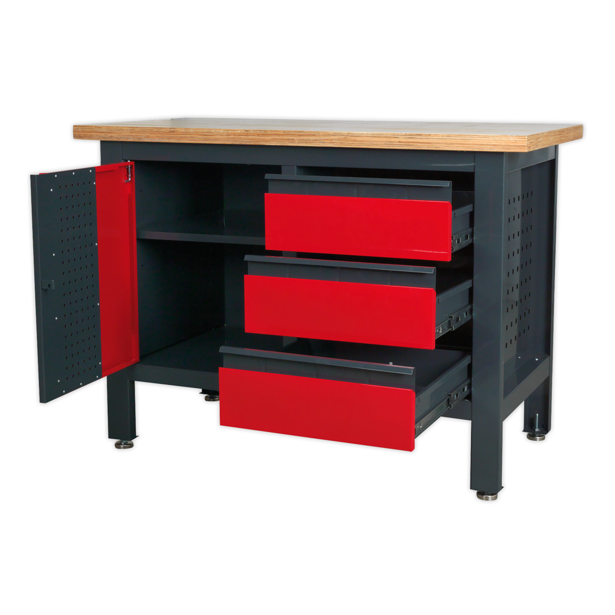 Workbench with a heavy-duty metal frame, wood top, red drawers, black frame, and one door—all partially open is Sealey's Workstation with 3 Drawers & Cupboard - AP1372B.