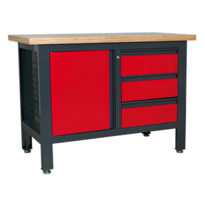 A Sealey Workstation with 3 Drawers & Cupboard - AP1372B, featuring a durable MDF work surface, a red cabinet with one door and three drawers, supported by an adjustable heavy-duty metal frame.