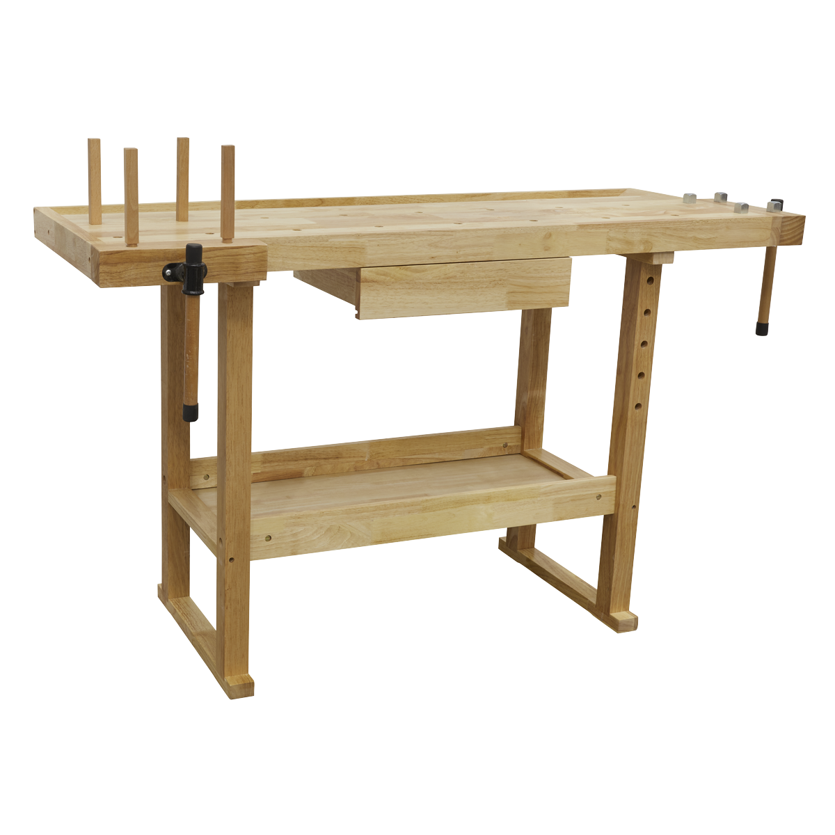 The Sealey Woodworking Bench - AP1520 is crafted from sturdy oak and features a lower shelf, a small drawer, multiple wooden pegs on the left side, and includes a tool well for organized storage of your essentials.