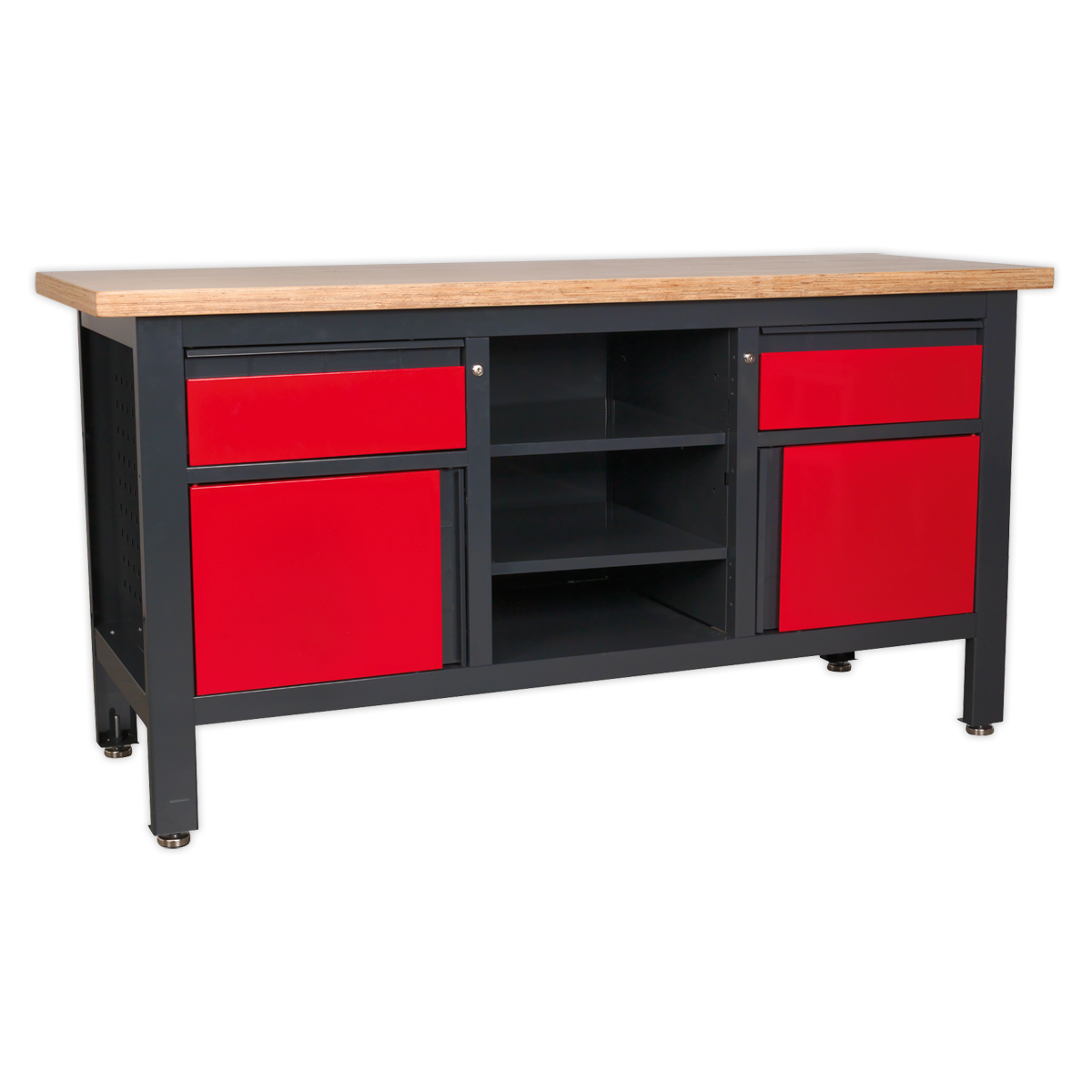 A Sealey Workstation with 2 Drawers, 2 Cupboards & Open Storage - AP1905A, featuring a black heavy-duty frame, a wooden top, lockable red drawers, and two open shelves in the middle.