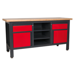 A Sealey Workstation with 2 Drawers, 2 Cupboards & Open Storage - AP1905A, featuring a black heavy-duty frame, a wooden top, lockable red drawers, and two open shelves in the middle.