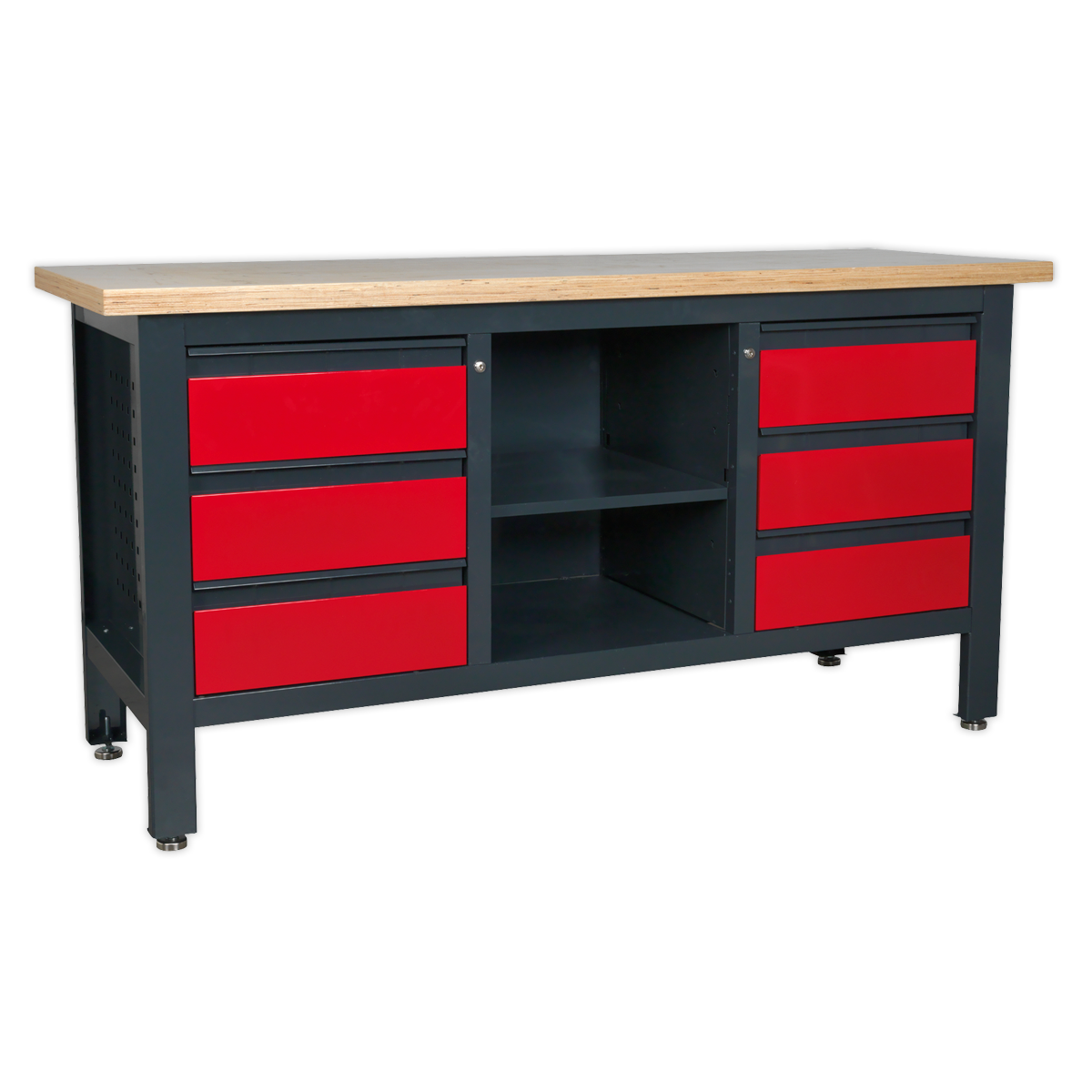 The Sealey Workstation with 6 Drawers & Open Storage - AP1905D features a wooden top, six red lockable drawers (three on each side), and an open storage space in the center, all supported by a heavy-duty metal frame with sturdy black legs and wheels.