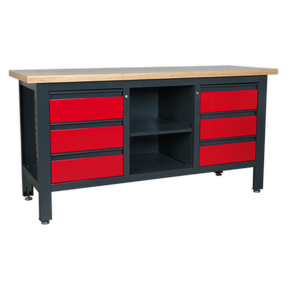 The Sealey Workstation with 6 Drawers & Open Storage - AP1905D features a wooden top, six red lockable drawers (three on each side), and an open storage space in the center, all supported by a heavy-duty metal frame with sturdy black legs and wheels.