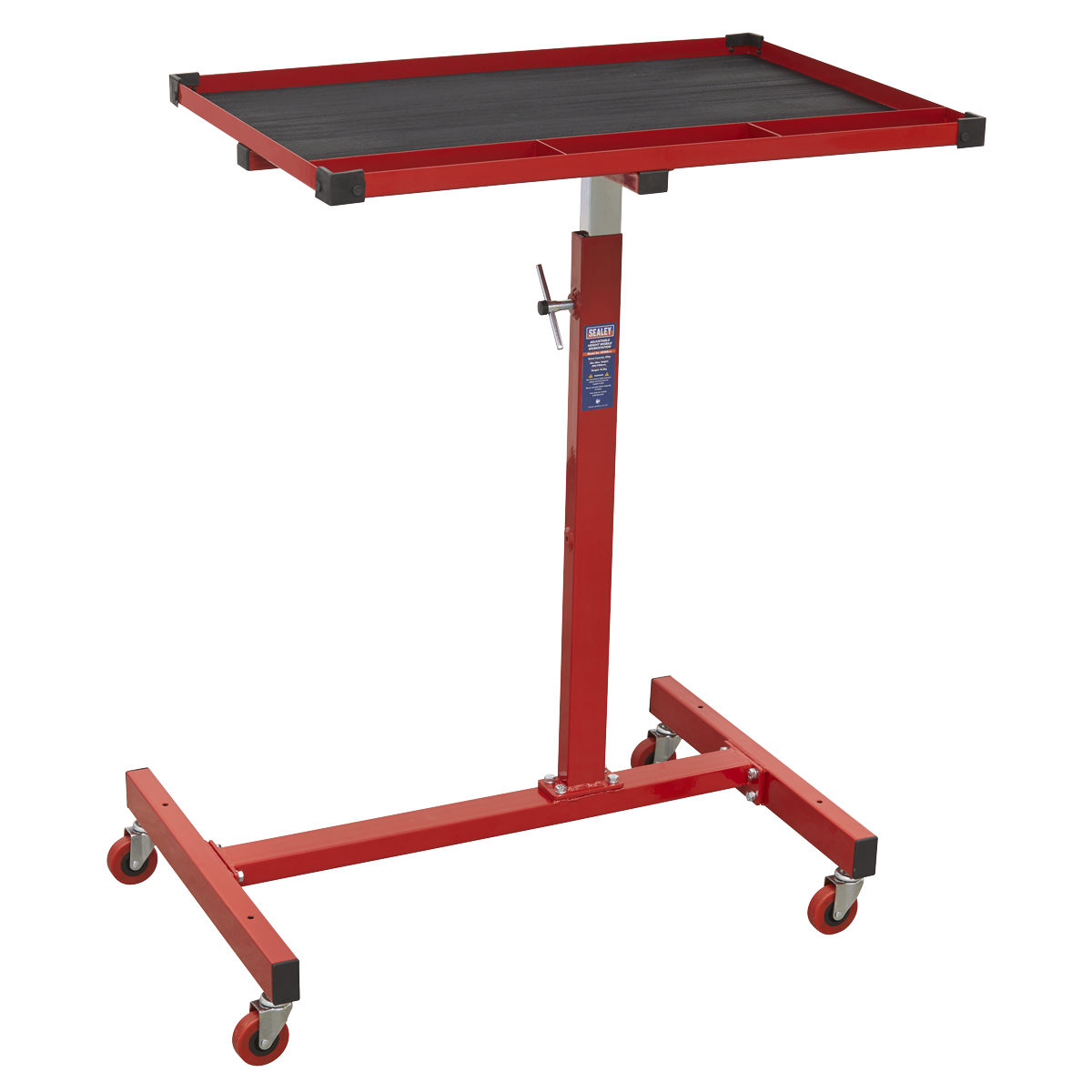 The Sealey Mobile Work Station - Adjustable-Height - AP200 features a red adjustable-height tool tray with a rectangular black surface, supported by a metal frame with four castor wheels, two of which have brakes.