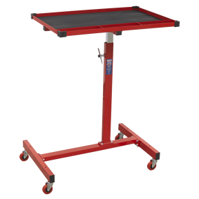 The Sealey Mobile Work Station - Adjustable-Height - AP200 features a red adjustable-height tool tray with a rectangular black surface, supported by a metal frame with four castor wheels, two of which have brakes.
