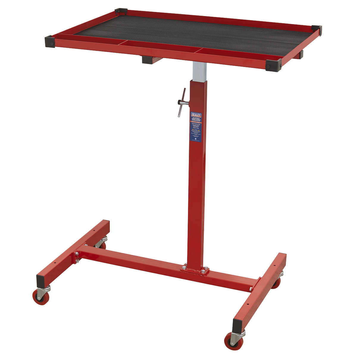 The Sealey Mobile Work Station - Adjustable-Height - AP200 is a red workshop table with a black top, featuring adjustable height and mounted on a wheeled base for easy mobility.