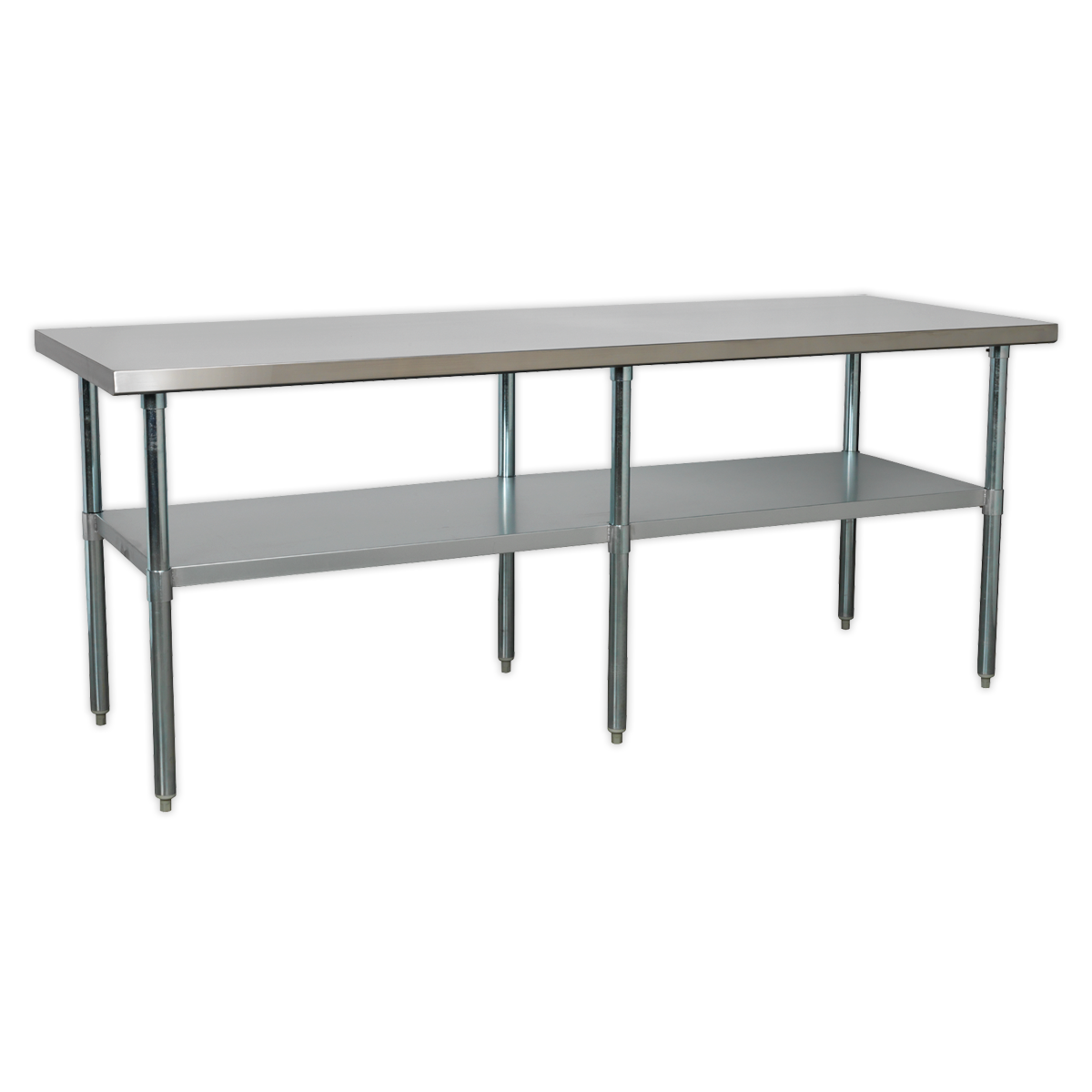 The Sealey Stainless Steel Workbench 2.1m - AP2184SS features a flat top, a durable galvanized steel frame, an adjustable bottom shelf for additional storage, and six sturdy legs with adjustable feet.