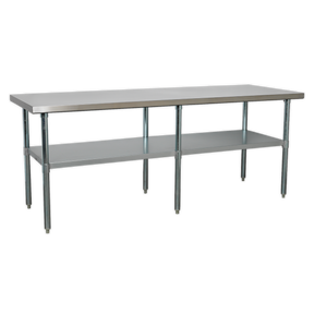The Sealey Stainless Steel Workbench 2.1m - AP2184SS features a flat top, a durable galvanized steel frame, an adjustable bottom shelf for additional storage, and six sturdy legs with adjustable feet.