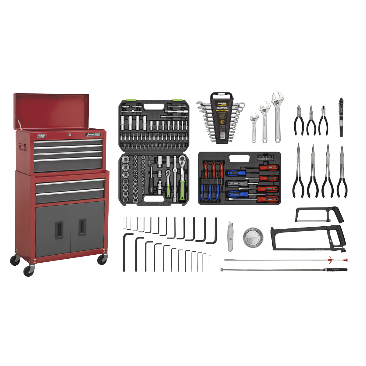 Topchest & Rollcab Combination 6 Drawer with Ball-Bearing Slides - Red/Grey & 170pc Tool Kit - AP2200BBCOMBO - Farming Parts