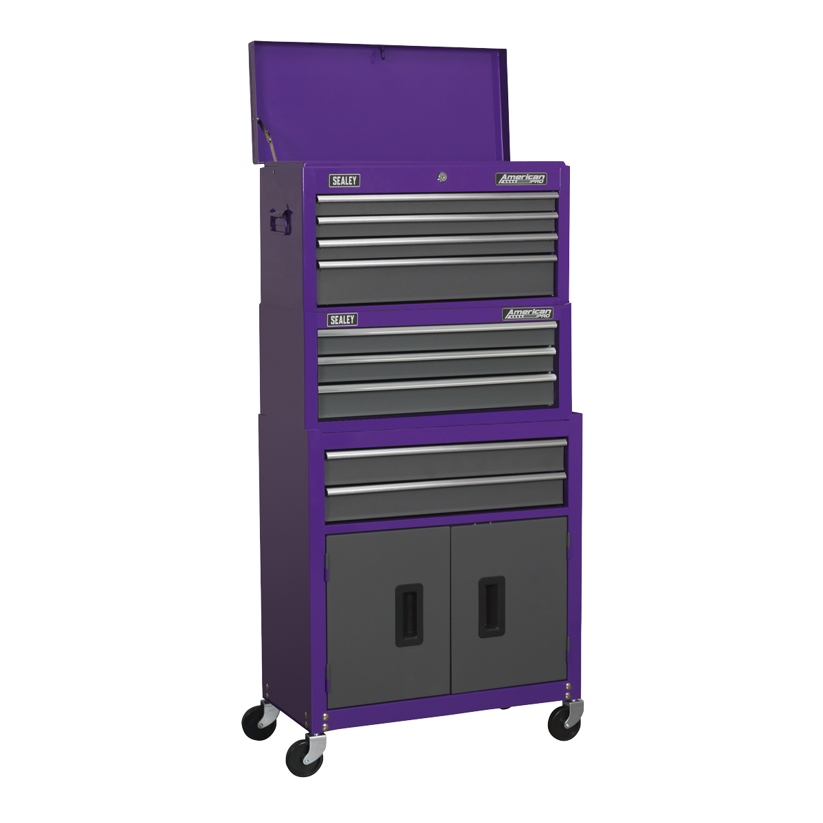 Introducing the Sealey Topchest, Mid-Box & Rollcab 9 Drawer Stack in Purple (Model: AP2200BBCPSTACK) – a versatile American PRO tool chest. This multi-tiered solution includes a variety of drawers and compartments, topped with an open lid, featuring ball-bearing slides for smooth operation. It combines multiple shelves and drawers with two lower doors and is mounted on wheels for easy mobility.