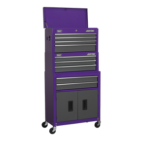 Introducing the Sealey Topchest, Mid-Box & Rollcab 9 Drawer Stack in Purple (Model: AP2200BBCPSTACK) – a versatile American PRO tool chest. This multi-tiered solution includes a variety of drawers and compartments, topped with an open lid, featuring ball-bearing slides for smooth operation. It combines multiple shelves and drawers with two lower doors and is mounted on wheels for easy mobility.