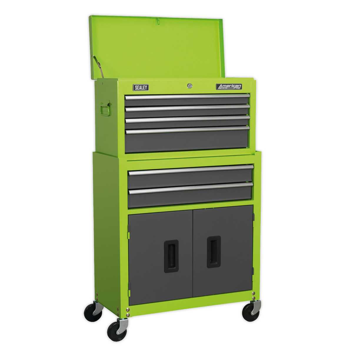 The Sealey Topchest & Rollcab Combination 6 Drawer with Ball-Bearing Slides in Hi-Vis Green/Grey (AP2200BBHV) is a mid-size combo tool chest featuring three top drawers, a working surface, two spacious lower drawers, and a bottom cabinet. This American PRO® ball-bearing chest is designed for mobility with its wheels and includes a 2 Year Guarantee. The lid remains open for easy access.