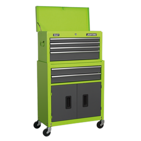 The Sealey Topchest & Rollcab Combination 6 Drawer with Ball-Bearing Slides in Hi-Vis Green/Grey (AP2200BBHV) is a mid-size combo tool chest featuring three top drawers, a working surface, two spacious lower drawers, and a bottom cabinet. This American PRO® ball-bearing chest is designed for mobility with its wheels and includes a 2 Year Guarantee. The lid remains open for easy access.