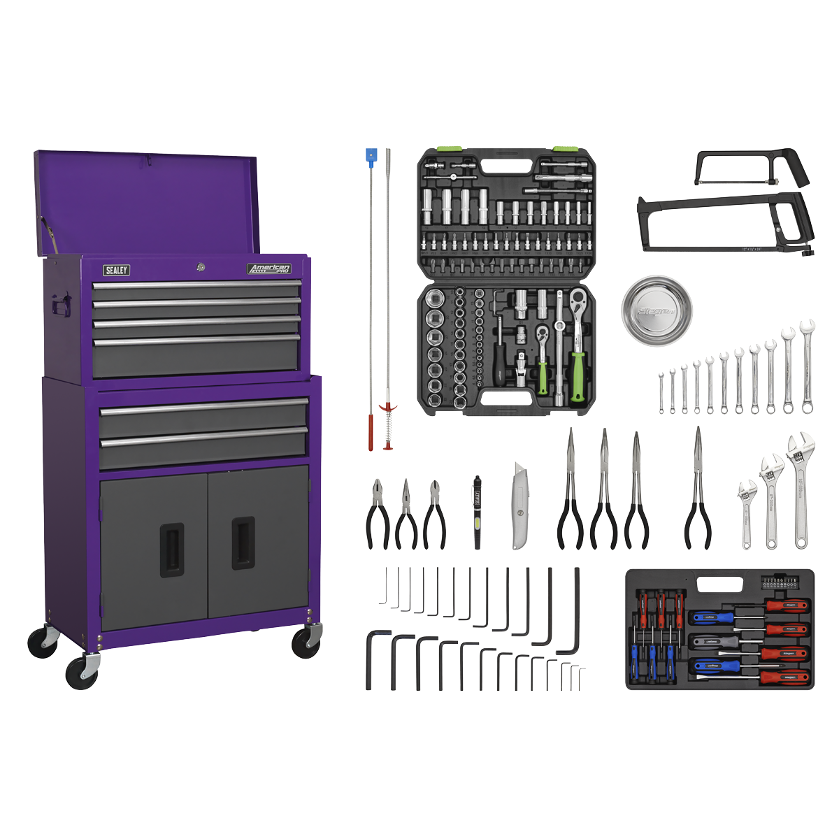 Topchest & Rollcab Combination 6 Drawer with Ball-Bearing Slides - Purple/Grey & 170pc Tool Kit - AP2200COMBOCP - Farming Parts