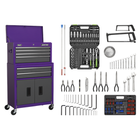 Topchest & Rollcab Combination 6 Drawer with Ball-Bearing Slides - Purple/Grey & 170pc Tool Kit - AP2200COMBOCP - Farming Parts