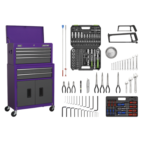 Topchest & Rollcab Combination 6 Drawer with Ball-Bearing Slides - Purple/Grey & 170pc Tool Kit - AP2200COMBOCP - Farming Parts