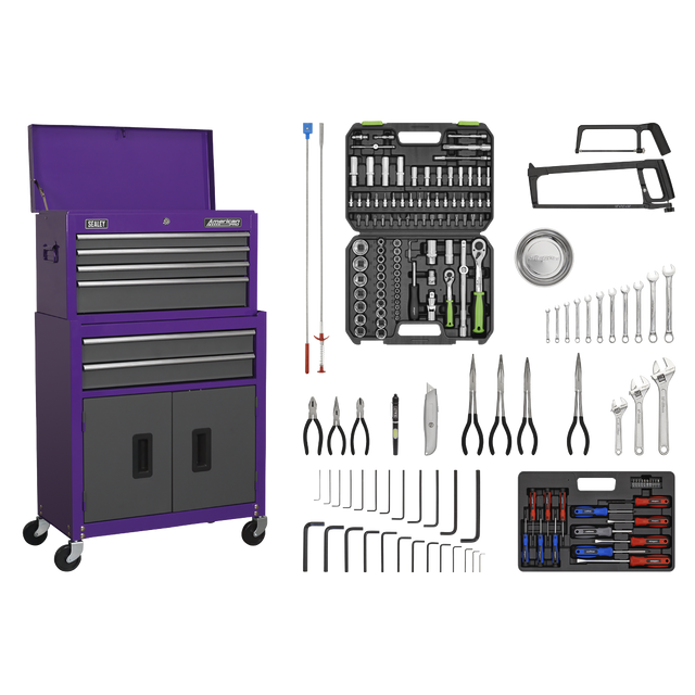 Topchest & Rollcab Combination 6 Drawer with Ball-Bearing Slides - Purple/Grey & 170pc Tool Kit - AP2200COMBOCP - Farming Parts
