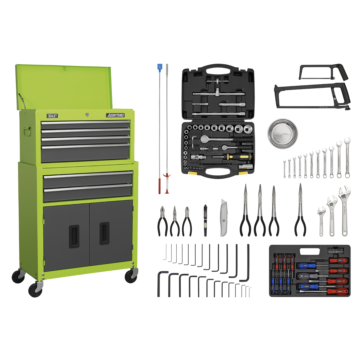 6 Drawer Topchest & Rollcab Combination with Ball-Bearing Slides - Hi-Vis Green/Grey & 170pc Tool Kit - AP2200COMBOHV - Farming Parts