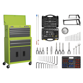 6 Drawer Topchest & Rollcab Combination with Ball-Bearing Slides - Hi-Vis Green/Grey & 170pc Tool Kit - AP2200COMBOHV - Farming Parts