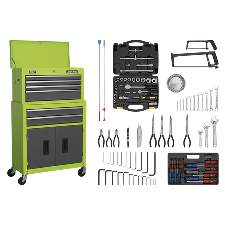 6 Drawer Topchest & Rollcab Combination with Ball-Bearing Slides - Hi-Vis Green/Grey & 170pc Tool Kit - AP2200COMBOHV - Farming Parts
