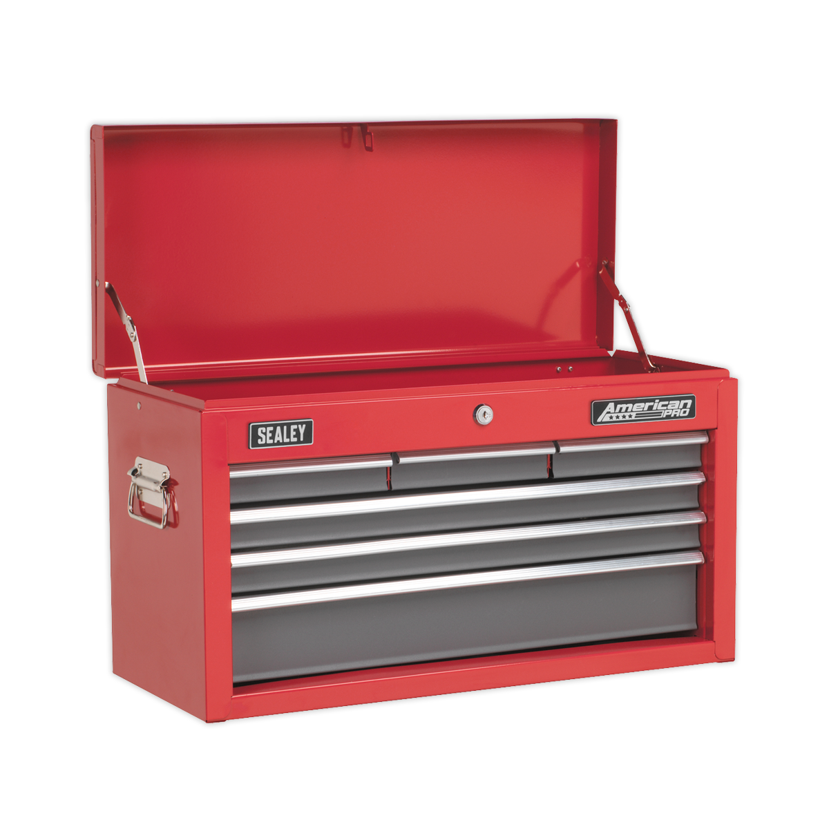 A red and grey Sealey Topchest 6 Drawer with Ball-Bearing Slides (model AP2201BB), featuring an open lid and three closed drawers, equipped with handles on both sides and the brand labels "Sealey" and "American PRO.