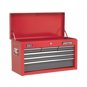 A red and grey Sealey Topchest 6 Drawer with Ball-Bearing Slides (model AP2201BB), featuring an open lid and three closed drawers, equipped with handles on both sides and the brand labels "Sealey" and "American PRO.