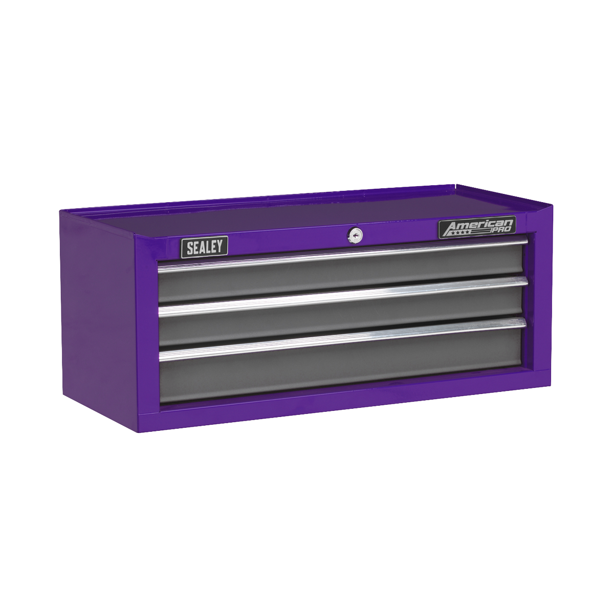 A Sealey Mid-Box 3 Drawer with Ball-Bearing Slides (Model AP22309BBCP) toolbox in purple and grey, featuring a cylinder lock system on the top drawer.