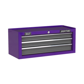 A Sealey Mid-Box 3 Drawer with Ball-Bearing Slides (Model AP22309BBCP) toolbox in purple and grey, featuring a cylinder lock system on the top drawer.