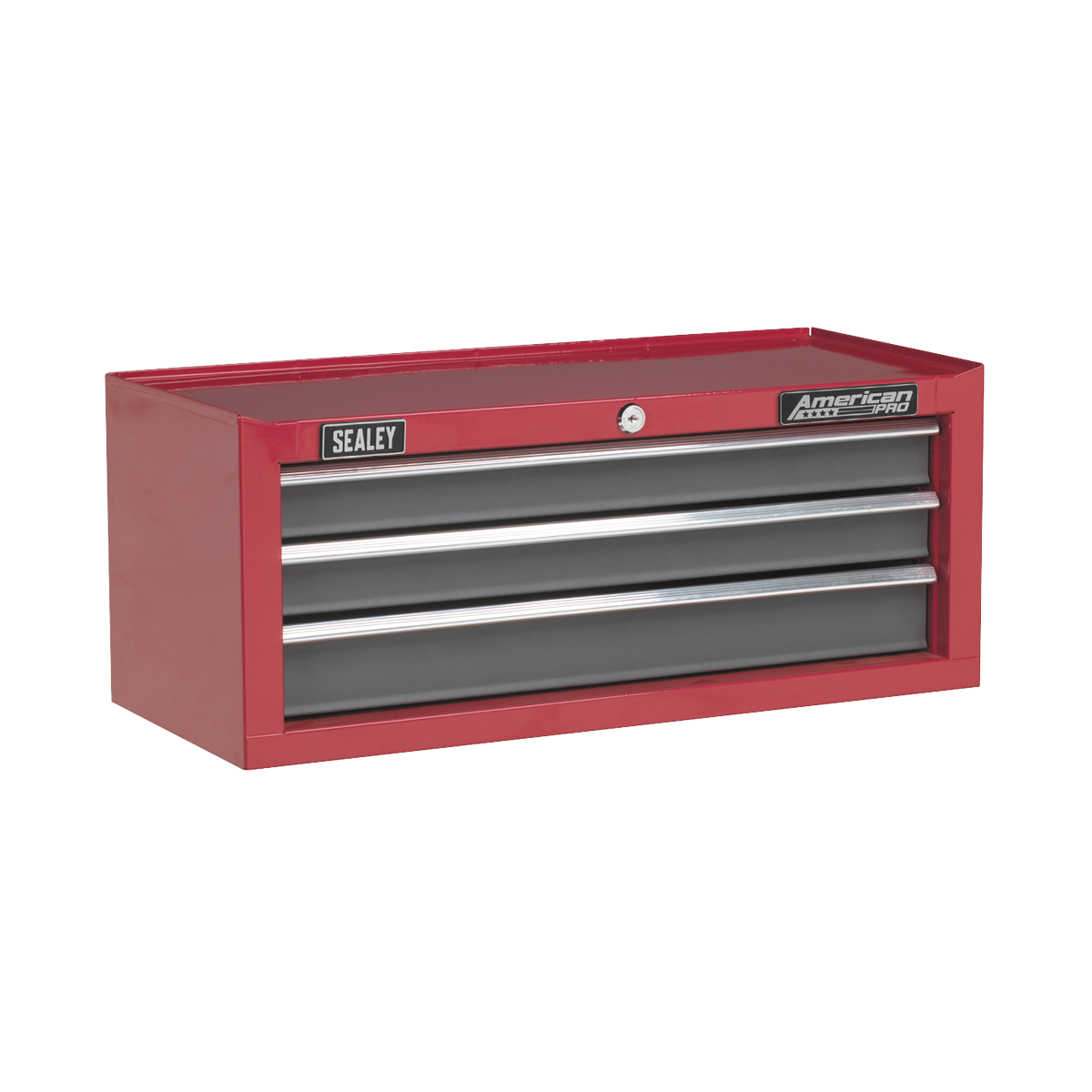 The Mid-Box 3 Drawer with Ball-Bearing Slides - Red/Grey (AP22309BB) by Sealey is a red and gray metal tool chest featuring three drawers, a Sealey logo on the left, and an American PRO® logo on the right. Ideal for additional storage, it boasts smooth ball-bearing drawer slides for easy access.