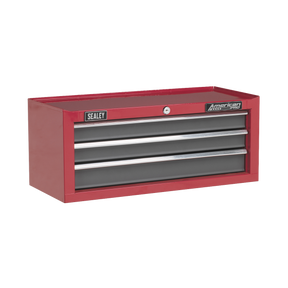 The Mid-Box 3 Drawer with Ball-Bearing Slides - Red/Grey (AP22309BB) by Sealey is a red and gray metal tool chest featuring three drawers, a Sealey logo on the left, and an American PRO® logo on the right. Ideal for additional storage, it boasts smooth ball-bearing drawer slides for easy access.