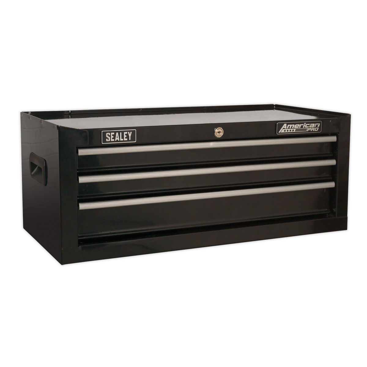 A black Sealey Mid-Box 3 Drawer with Ball-Bearing Slides, labeled "AP223B", featuring silver handles, side grips on both ends, and smooth ball-bearing slides for easy access to your storage.