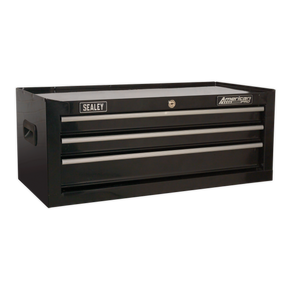 A black Sealey Mid-Box 3 Drawer with Ball-Bearing Slides, labeled "AP223B", featuring silver handles, side grips on both ends, and smooth ball-bearing slides for easy access to your storage.