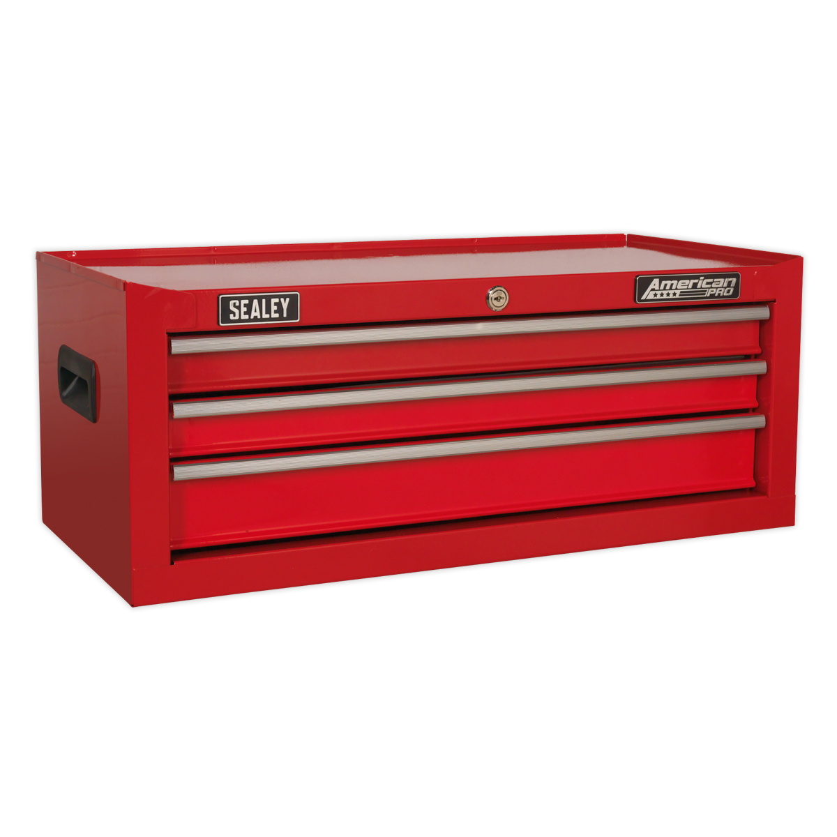 The Sealey Mid-Box 3 Drawer with Ball-Bearing Slides - Red - AP223 is a red, metal tool chest featuring three drawers with smooth ball-bearing slides. It has handles on both sides and a secure cylinder lock on the front. Displaying "Sealey" and "American Pro" labels, it provides additional storage for all your tools.