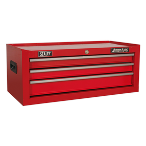 The Sealey Mid-Box 3 Drawer with Ball-Bearing Slides - Red - AP223 is a red, metal tool chest featuring three drawers with smooth ball-bearing slides. It has handles on both sides and a secure cylinder lock on the front. Displaying "Sealey" and "American Pro" labels, it provides additional storage for all your tools.
