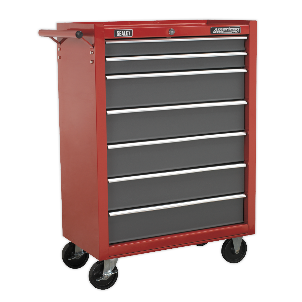 The Sealey Rollcab 7 Drawer with Ball-Bearing Slides - Red/Grey - AP22507BB features seven drawers, a cylinder lock, and four black caster wheels.