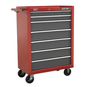 The Sealey Rollcab 7 Drawer with Ball-Bearing Slides - Red/Grey - AP22507BB features seven drawers, a cylinder lock, and four black caster wheels.