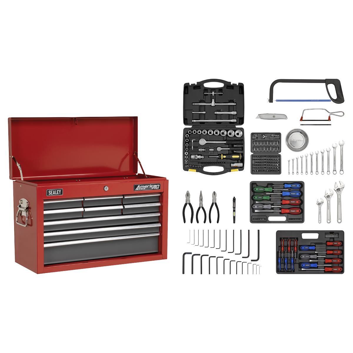 Topchest 9 Drawer with Ball-Bearing Slides - Red/Grey & 205pc Tool Kit - AP22509BBCOMB - Farming Parts