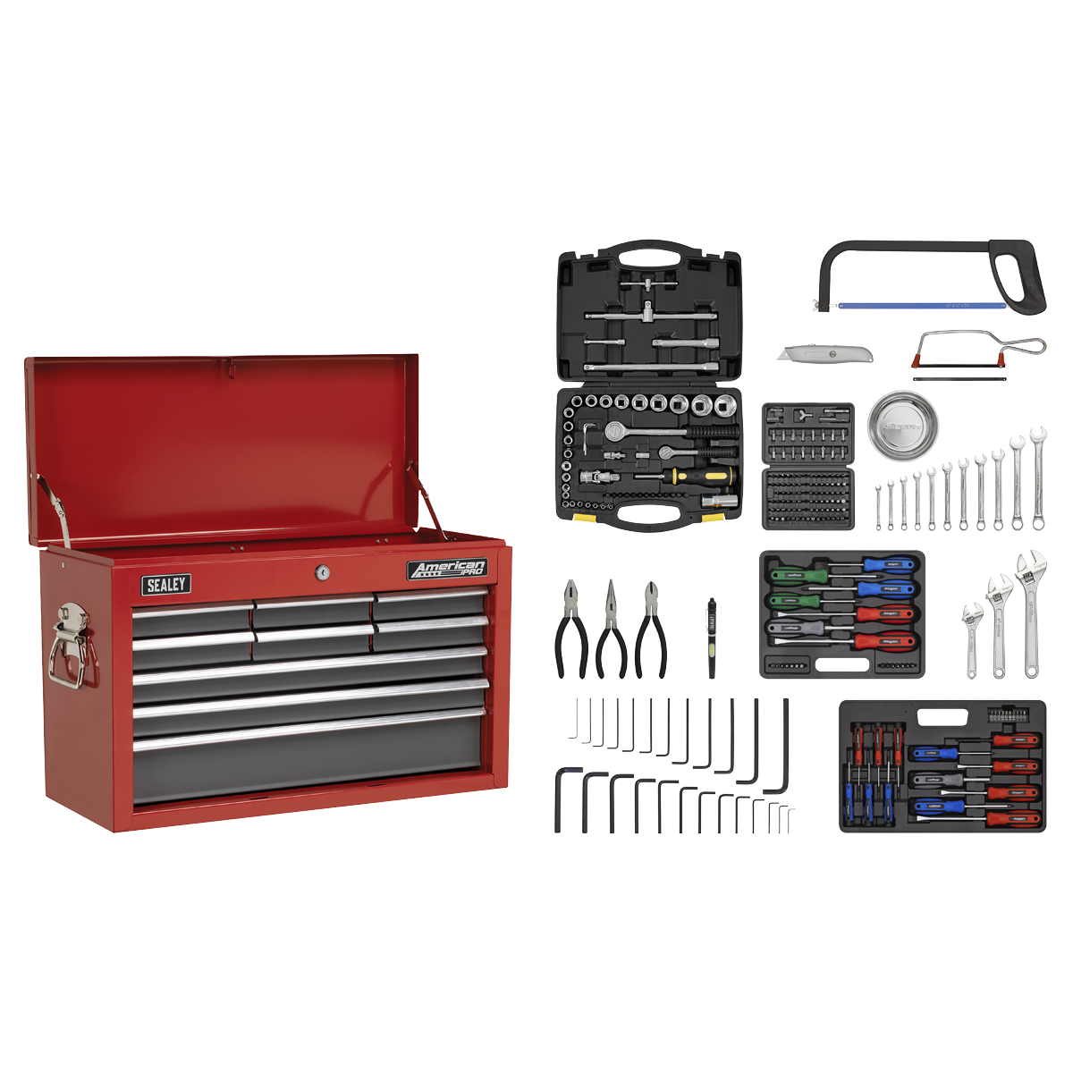 The Sealey Topchest 9 Drawer with Ball-Bearing Slides in Red/Grey, along with a 205-piece tool kit (model AP22509BBCOMB), features an open lid and several drawers filled with various hand tools including wrenches, pliers, screwdrivers, hex keys, a hacksaw, and a comprehensive screwdriver set in a black case.