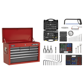 The Sealey Topchest 9 Drawer with Ball-Bearing Slides in Red/Grey, along with a 205-piece tool kit (model AP22509BBCOMB), features an open lid and several drawers filled with various hand tools including wrenches, pliers, screwdrivers, hex keys, a hacksaw, and a comprehensive screwdriver set in a black case.
