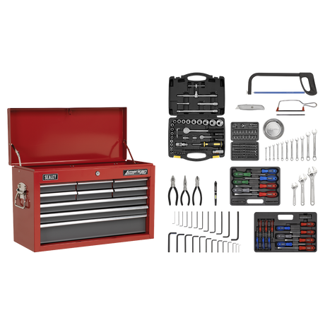 Topchest 9 Drawer with Ball-Bearing Slides - Red/Grey & 205pc Tool Kit - AP22509BBCOMB - Farming Parts