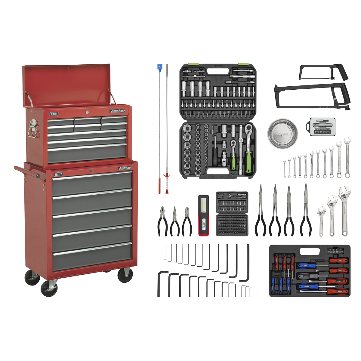 Topchest & Rollcab Combination 14 Drawer with Ball-Bearing Slides - Red/Grey & 281pc Tool Kit - AP2250BBCOMBO - Farming Parts