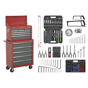 Topchest & Rollcab Combination 14 Drawer with Ball-Bearing Slides - Red/Grey & 281pc Tool Kit - AP2250BBCOMBO - Farming Parts
