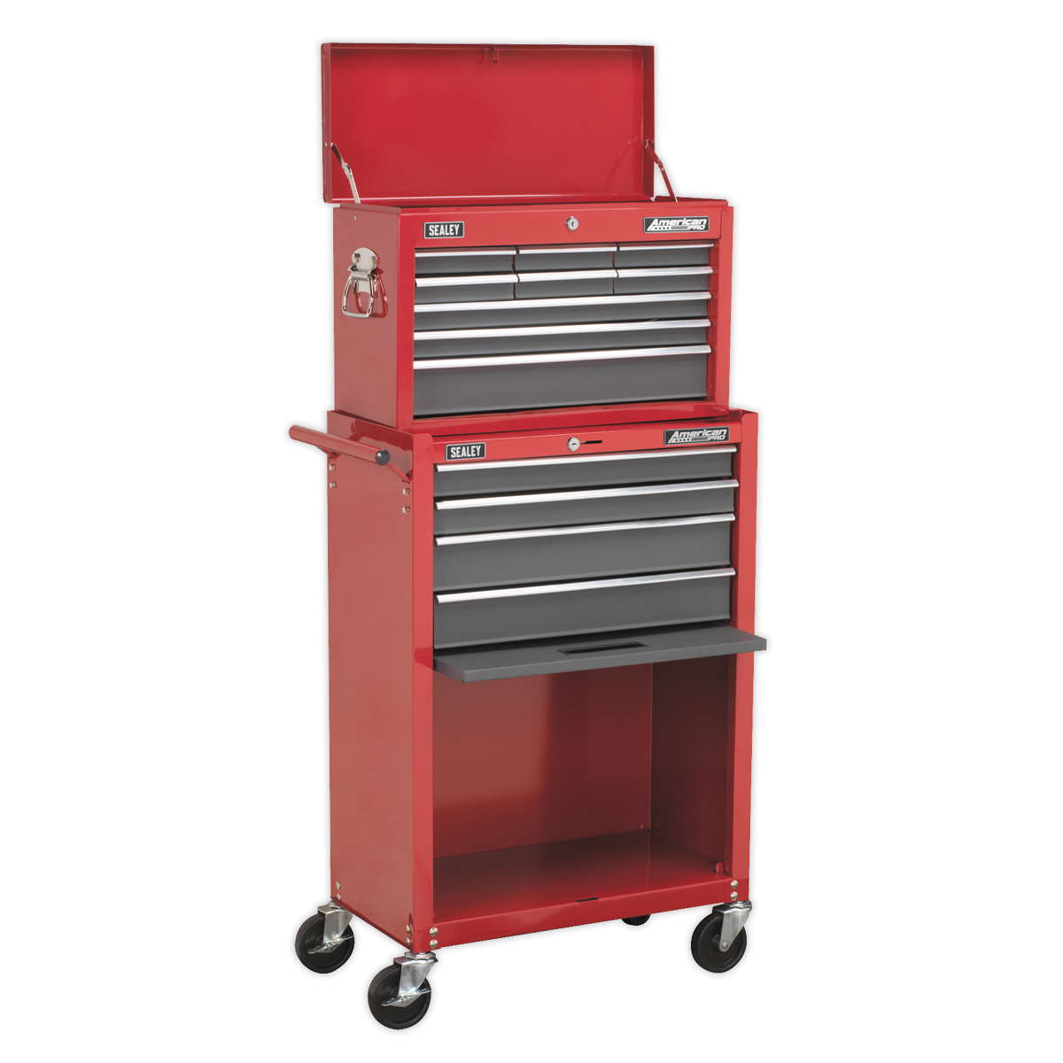 The Sealey Topchest & Rollcab Combination 13 Drawer with Ball-Bearing Slides - Red/Grey (AP22513BB) features a wheeled tool chest divided into two sections. The top section includes multiple drawers equipped with ball-bearing slides and an open lid, while the bottom section consists of a locking drawer and an open storage area.