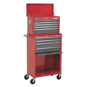 The Sealey Topchest & Rollcab Combination 13 Drawer with Ball-Bearing Slides - Red/Grey (AP22513BB) features a wheeled tool chest divided into two sections. The top section includes multiple drawers equipped with ball-bearing slides and an open lid, while the bottom section consists of a locking drawer and an open storage area.