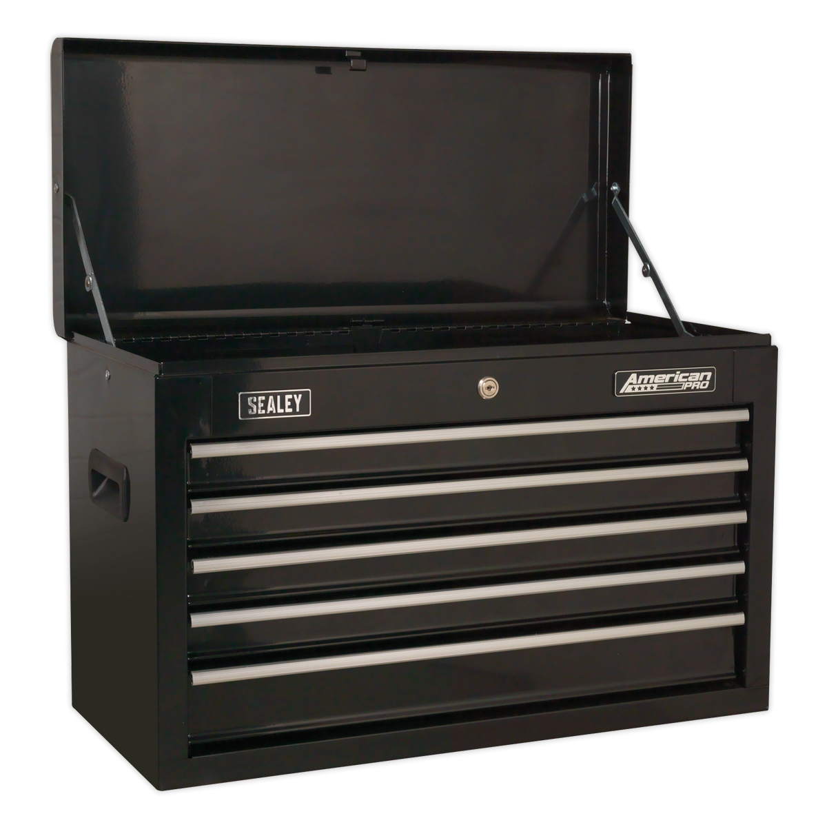 A black tool chest with the lid open, showcasing five metal drawers equipped with smooth ball-bearing slides and robust carry handles. The prominent brand label reads "Sealey" and "Topchest 5 Drawer with Ball-Bearing Slides - Black - AP225B.