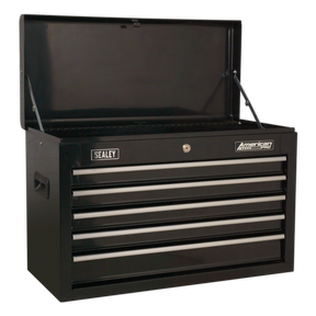 A black tool chest with the lid open, showcasing five metal drawers equipped with smooth ball-bearing slides and robust carry handles. The prominent brand label reads "Sealey" and "Topchest 5 Drawer with Ball-Bearing Slides - Black - AP225B.