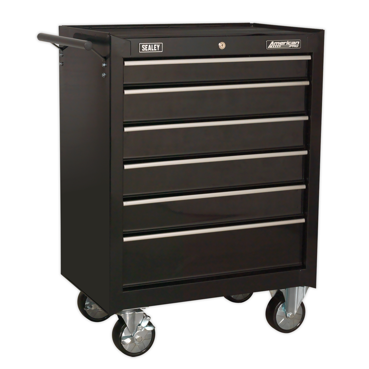 The Sealey Rollcab 6 Drawer with Ball-Bearing Slides - AP226B is a black, metal tool chest featuring six drawers, a secure cylinder lock, and four caster wheels for easy workshop mobility. The ball-bearing drawer slides ensure smooth operation.