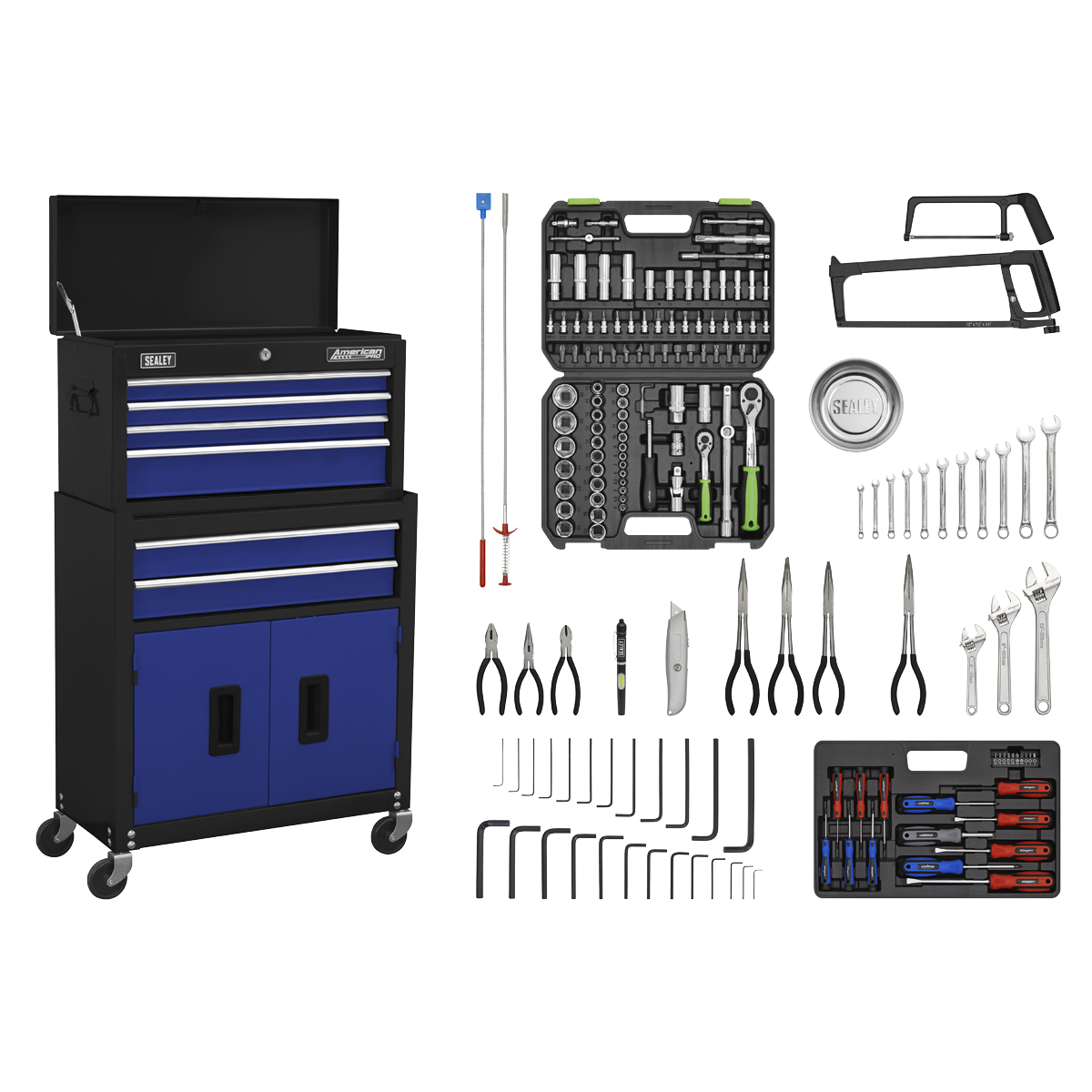 A Sealey Topchest & Rollcab Combination 6 Drawer with Ball-Bearing Slides in Blue/Black (AP22BCOMBO), accompanied by a 170-piece tool kit that includes a Combination Spanner Set, needle nose pliers, screwdrivers, a socket set, hex keys, hacksaws, and a utility knife.