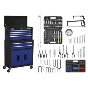 A Sealey Topchest & Rollcab Combination 6 Drawer with Ball-Bearing Slides in Blue/Black (AP22BCOMBO), accompanied by a 170-piece tool kit that includes a Combination Spanner Set, needle nose pliers, screwdrivers, a socket set, hex keys, hacksaws, and a utility knife.